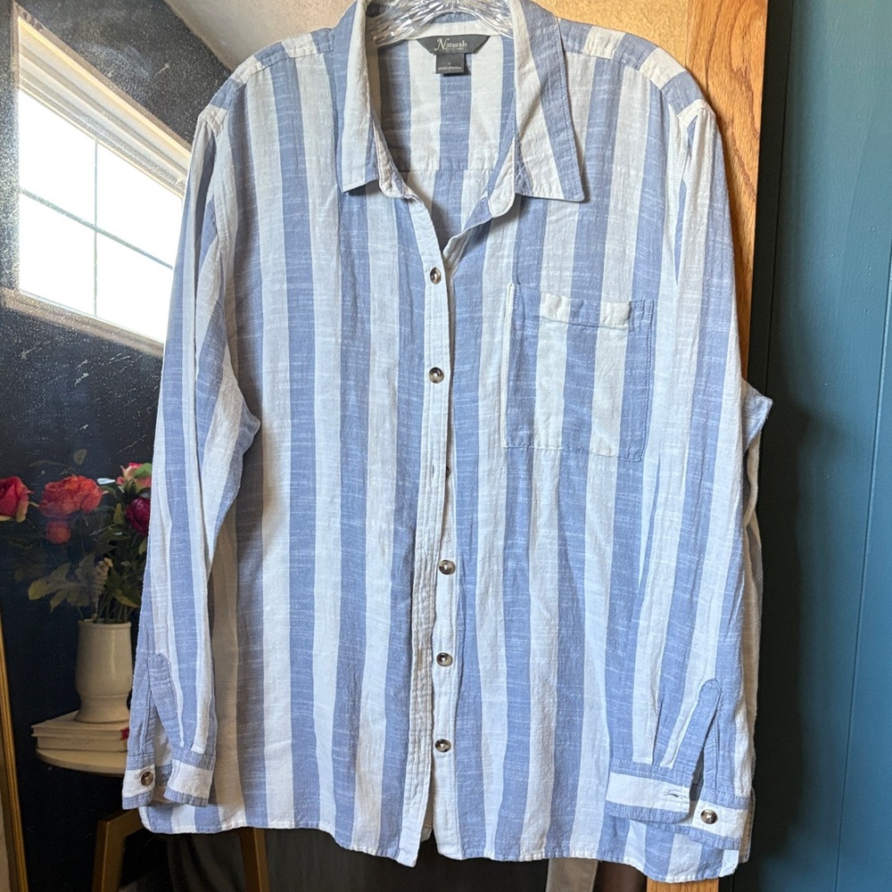 Natural Reflections Blue and White Vertical Stripe Button-Down Shirt